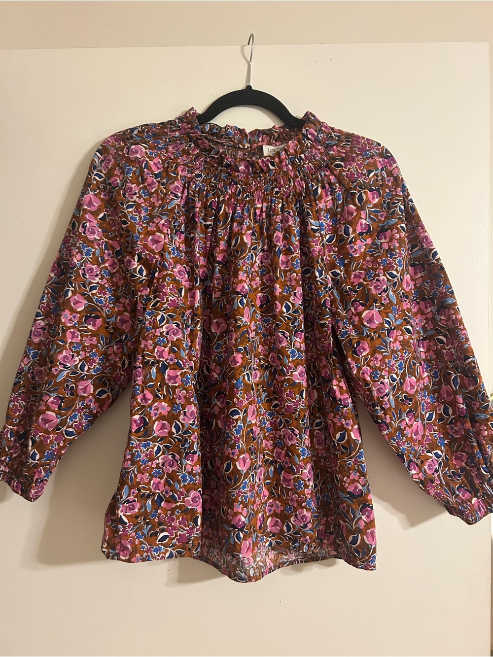 J. Crew Floral Smocked-Neck Blouse in Pink and Brown